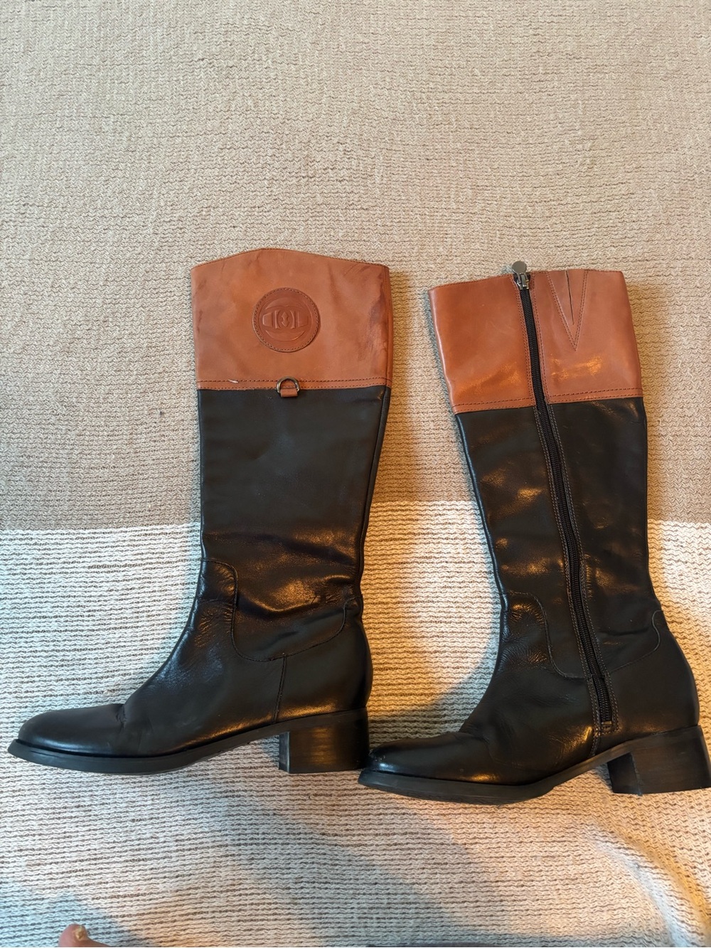 Etienne Aigner Black and Tan Leather Riding Boots